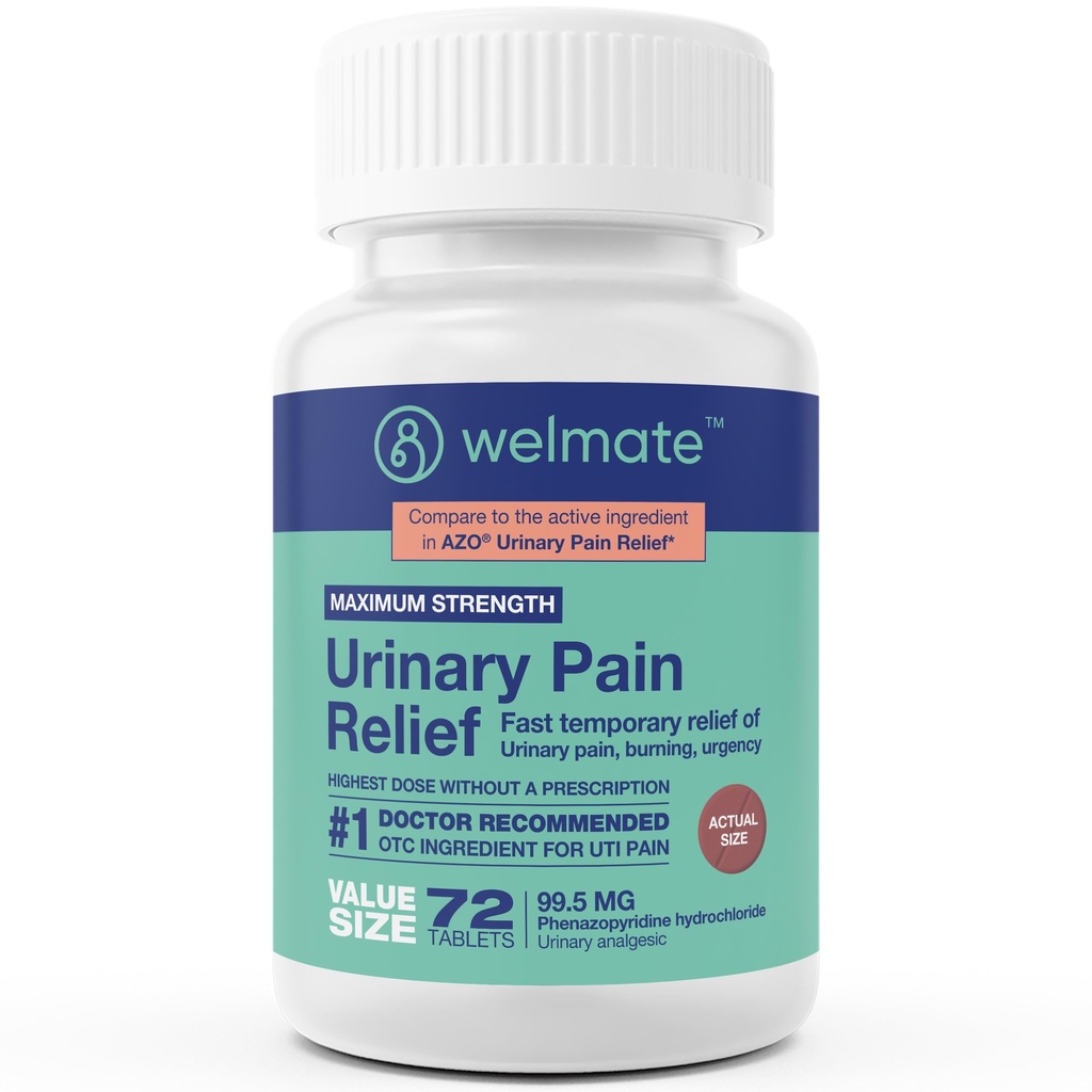 Welmate - Relief de durere urinară (72 comprimate) - Fenazopiridină clorhidrat 99.5mg - Durere urinară, Urgenţă, & Discomfort - Rezistenţă maximă - Over-The-Counter medicamentaţie