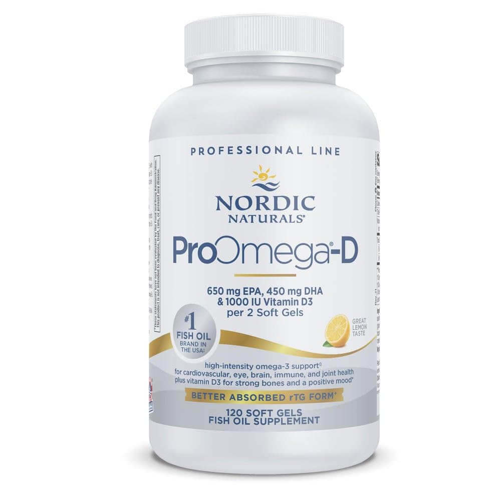 Nordic Naturals ProOmega-D, Aromă de lămâie - 120 Geluri Soft - 1280 mg Omega-3 + 1000 UI D3 - Ulei de pește de înaltă calitate - EPA & DHA - Brain, Eye, Heart, & Immune Health - Non-GMO - 60 Servings