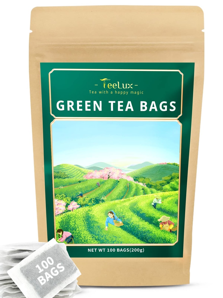 TeeLux Saci de ceai verde, Ceai verde pur natural, Super Antioxidant, Cafeinat, 100 Count Saci de ceai pentru a sprijini sănătatea generală