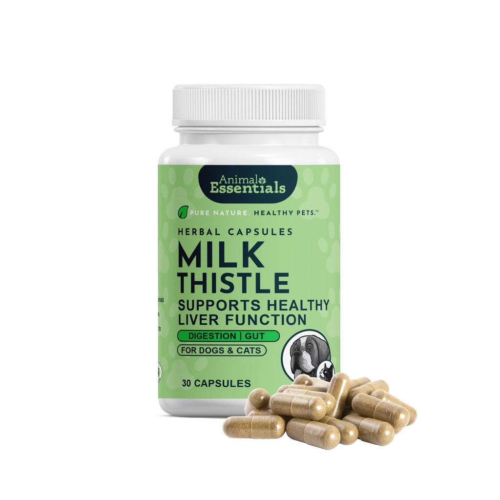 Animal Essentials Milk Thistle pentru câini și pisici - suport hepatic, Milk Thistle 150mg, Silymarin, Suplimentul hepatic, Capsulele de plante, plante aromatice de grad uman organic, veterinar recomandat - 30 Conte