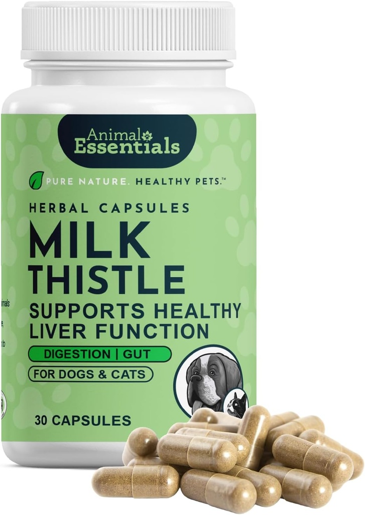 Animal Essentials Milk Thistle pentru câini și pisici - suport hepatic, Milk Thistle 150mg, Silymarin, Suplimentul hepatic, Capsulele de plante, plante aromatice de grad uman organic, veterinar recomandat - 30 Conte