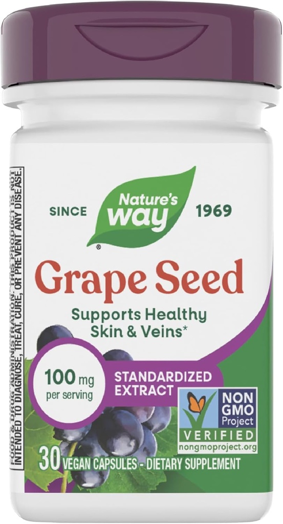 Nature's Way Grape Seed Standardized Extract, Supports Healthy Skin and Veins*, Antioxidant Support*, Non-GMO Project Verified, 30 Vegan Capsules (Packaging May Vary)