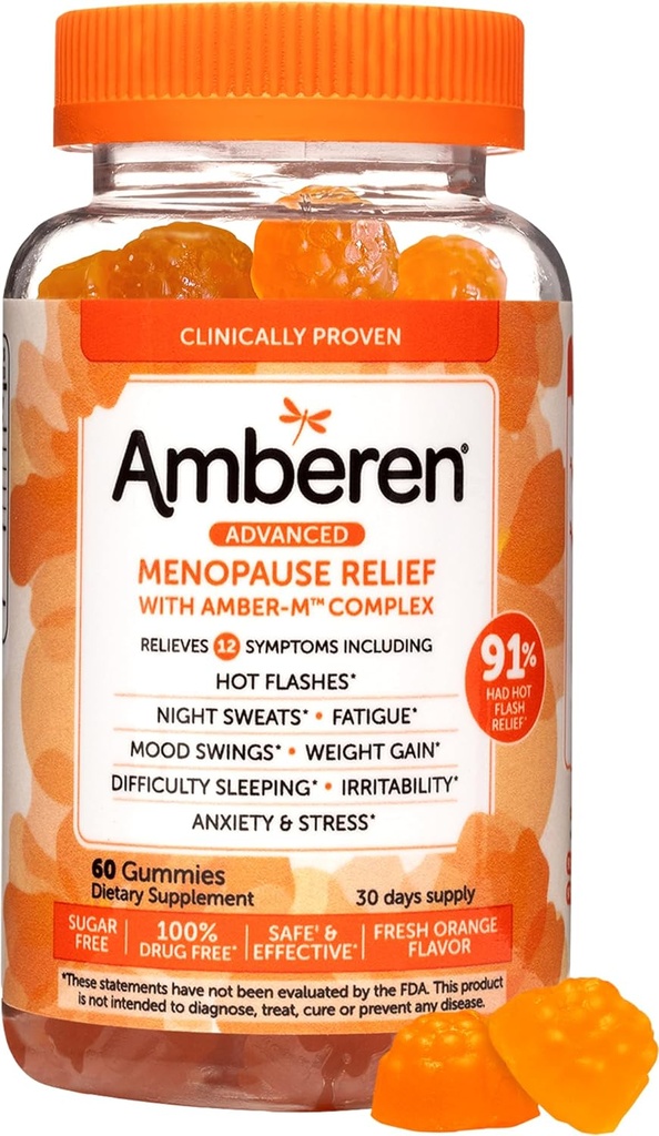 Amberen Menopause Suplimente pentru femei, Multi-Simptom Relief, Vitamina E & Unique Amberen Compus, Ajuta suport Hormon echilibru, Hot Flashes & Transpirații de noapte, Sugar Free, Orange Flavor, 60 Gummies