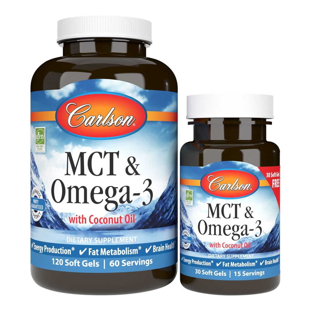 Carlson - MCT & Omega-3, Oil de cocos, Acidi Caprylic & Capric, EPA & DHA, Productia de energie, Metabolizare grasa si sanatatea creierului, 120+30 Softgels