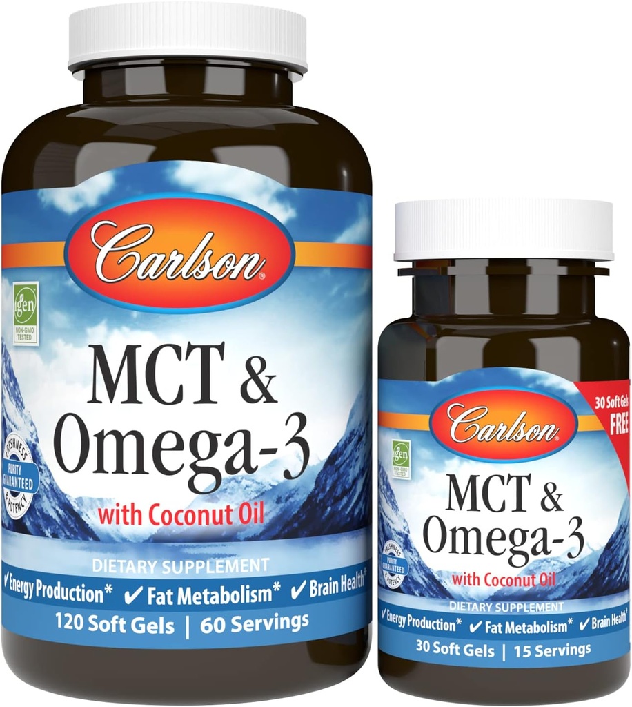 Carlson - MCT & Omega-3, Oil de cocos, Acidi Caprylic & Capric, EPA & DHA, Productia de energie, Metabolizare grasa si sanatatea creierului, 120+30 Softgels