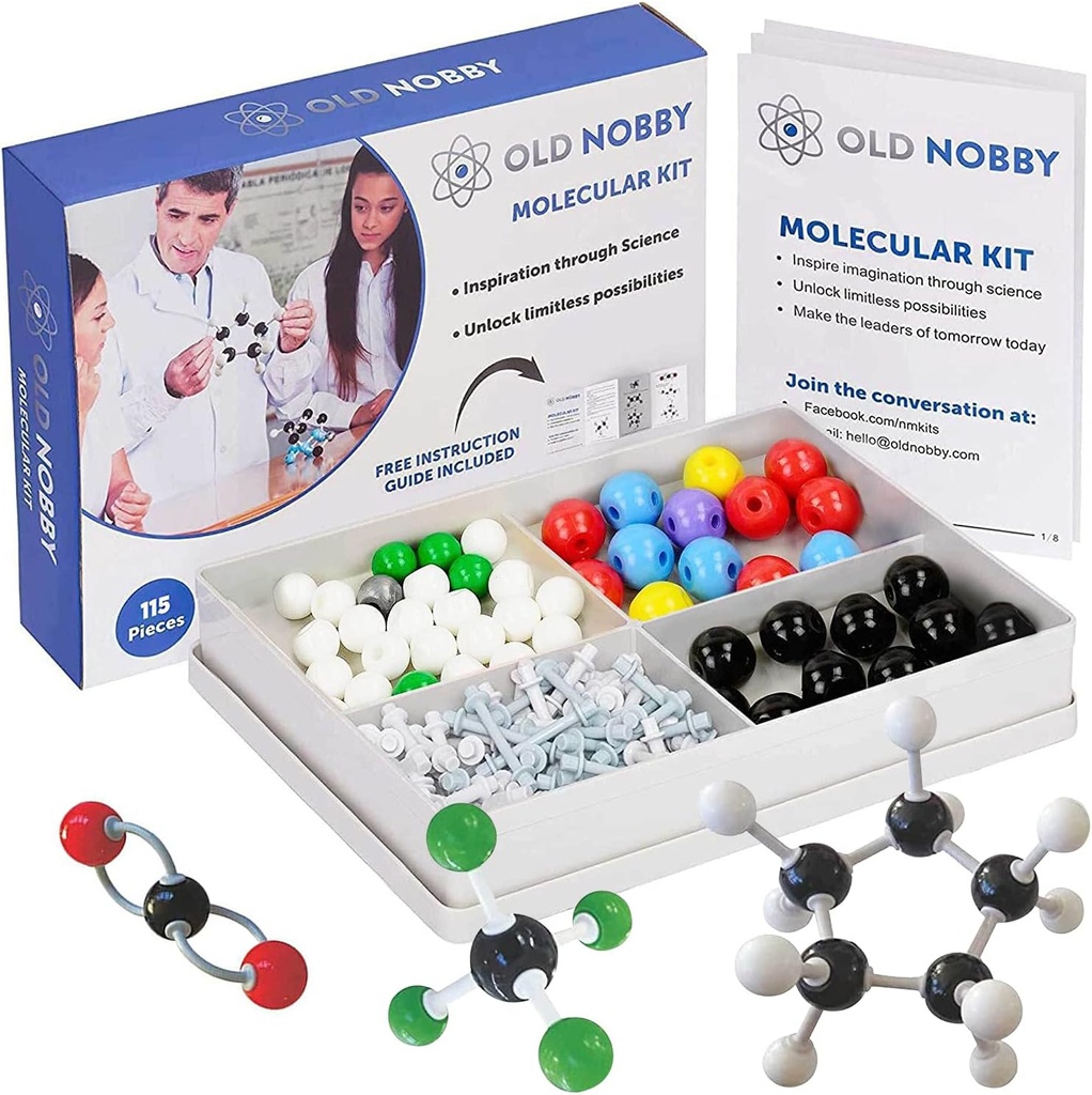 Old Nobby Chemistry Model Kit - 115 Piece Molecular Model Set include Atoms, Bonds, Instructional Guide - STEM Science Tool pentru studenți, chimie organică, învățare moleculară - Modele colorate