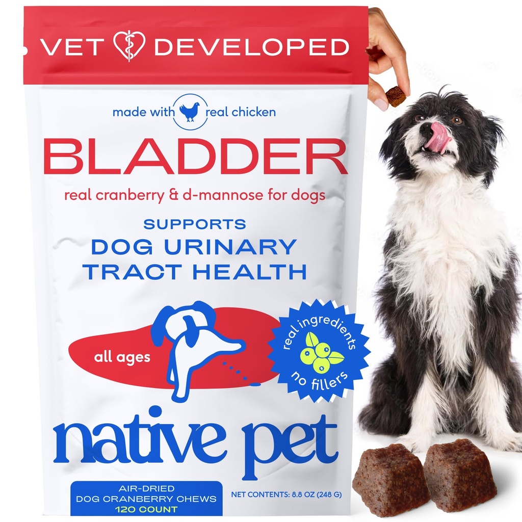 Native Pet Dog UTI Tratamentul - Suplimentul Cranberry pentru câini Controlul vezicii urinare și suport renal - Prevenirea infecției cu tract urinar și incontinență urinară - Made with Real Cranberry Extract - 120 Chews