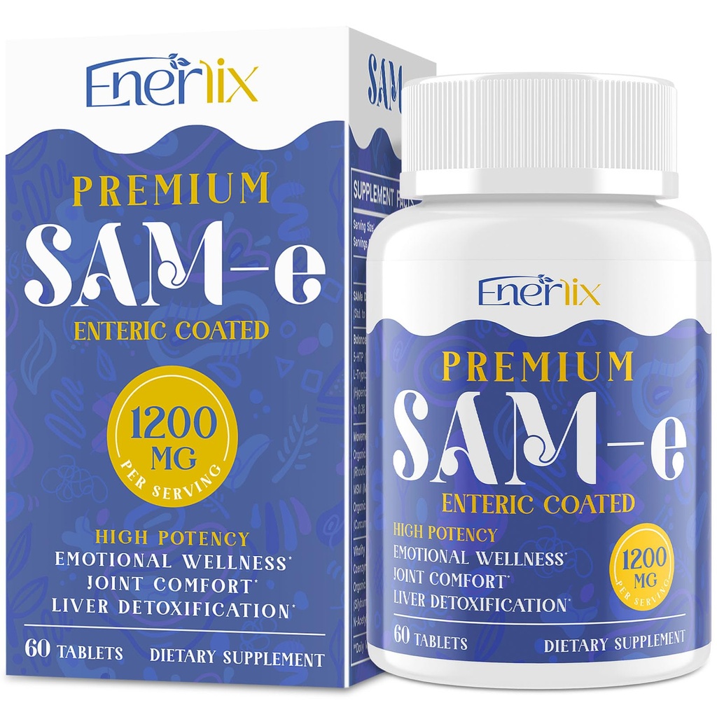 1200 MG SAM e Supliment pentru creier, stare de spirit, articulaţie, şi ficat, absorbţie mare SAM-e (S-Adenosil-L-Metionina) cu CoQ10, 5-HTP, Enteric Coated 60 comprimate, Vegan