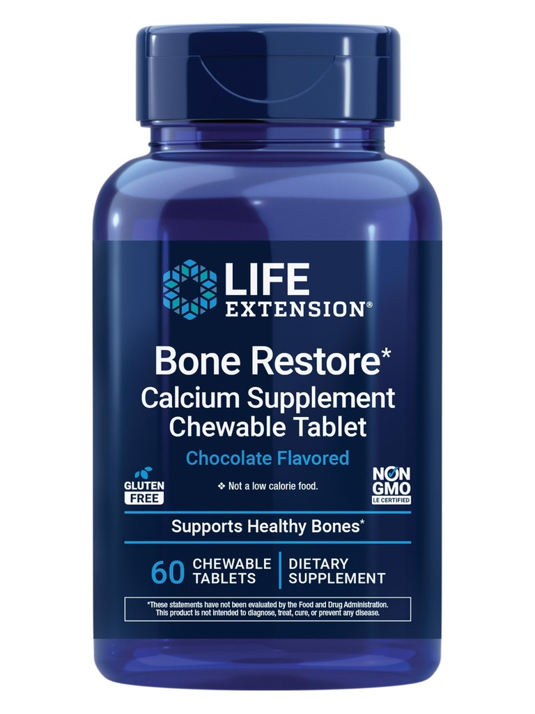 Extensie de viață Bone Restaurare suplimente de calciu comprimate masticabile, Bone Health Supliment, Calciu, Vitamina D, Minerale, Gluten gratuit, Non-GMO, 60 comprimate