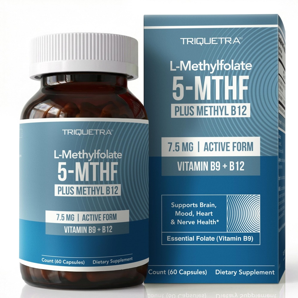 L Metilfolat 7,5 mg plus metil B12 - Active 5-MTHF Formular, MTHFR Supliment - fluxul sanguin gata Folat metilat + B12 Cofactor - Suportă Mood, Homocisteină Methylation, Cognition (60 capsule)
