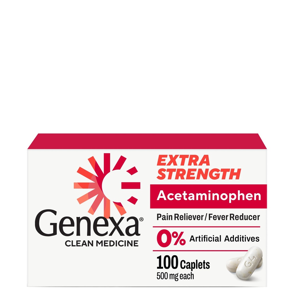Genexa Clean Acetaminofen 500mg Extra Putere, Dye Free Durere Reliever Reducator Fever, 0% Aditivi artificiali, Pain Medicine pentru adulți, Relieves Dureri de cap, Backage, Minor Artrite Pain, 100 comprimate