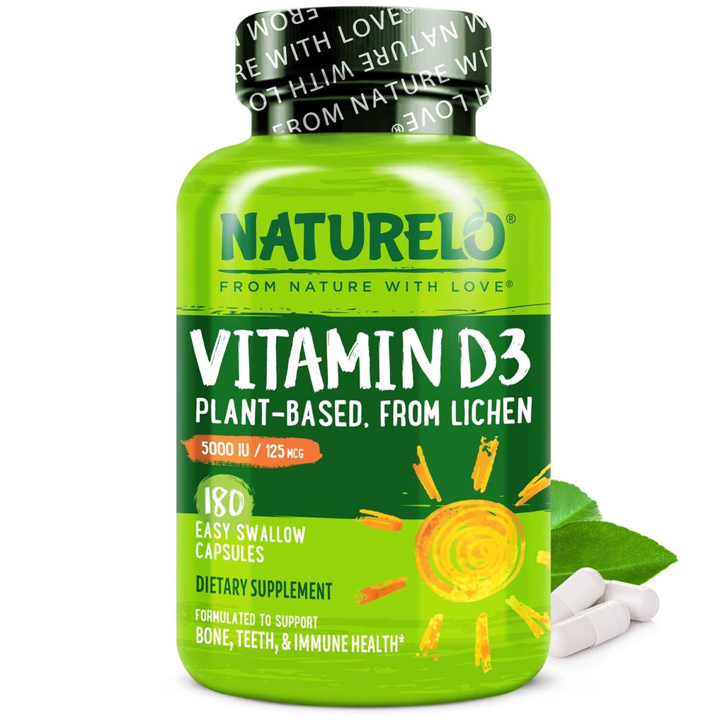 NATURO Vitamina D - 5000 UI - Planta pe baza de Lichen - Natural D3 Suplimentul pentru Sistemul imunitar, Suportul osos, Sănătatea comună - Potență ridicată - Vegan - Non-GMO - Gluten Free - 180 Capsule