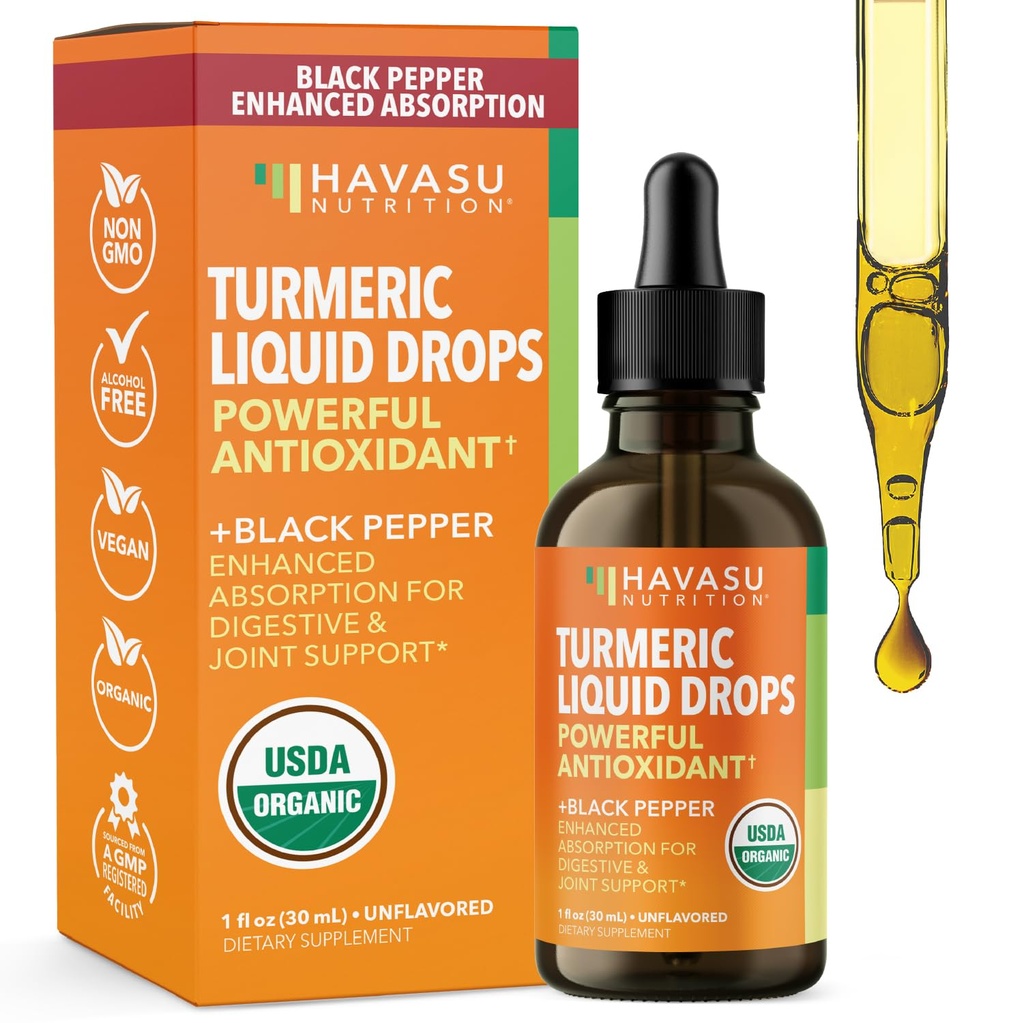 USDA Organic Picături lichide cu piper negru - 1000mg Curcumin Supliment pentru Immune & Digestive Health - 30 Serviri - Absorbție îmbunătățită - non-GMO, Vegan, Gluten gratuit - Nearomat, 1 Fl Oz