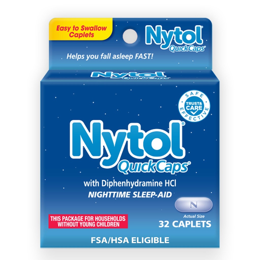 Nytol Caps Quick Nighttime Sleep Aid with Difenhidramine HCI, Easy-to-Swallow Caplets to Fall Asomn Rapid, 32 Count