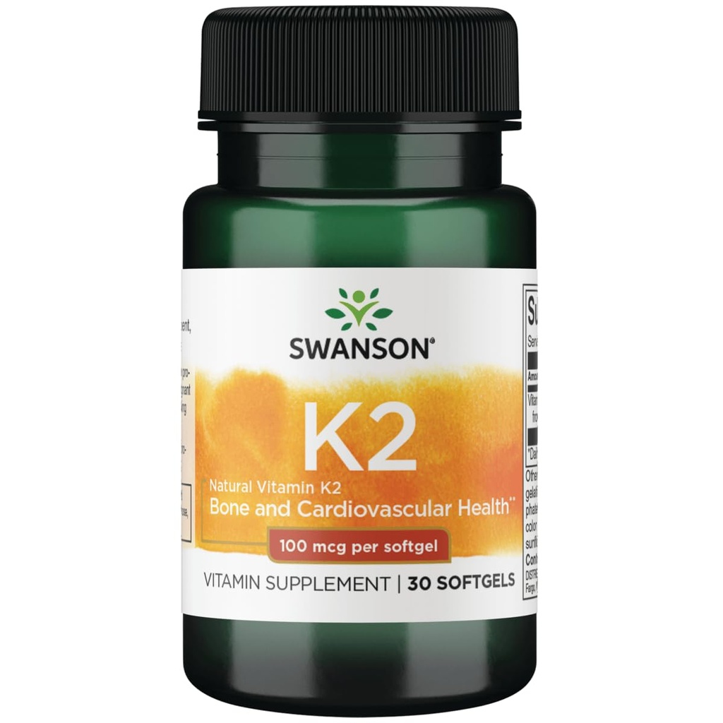 Swanson Vitamina K2 (Menachinonă-7) - Suplimentul de vitamine care sprijină cardio-vascular și sănătatea osoasă - Made from Japanese Natto to Help Regulamente Calciu - (30 Softgels, 100mcg Fiecare)