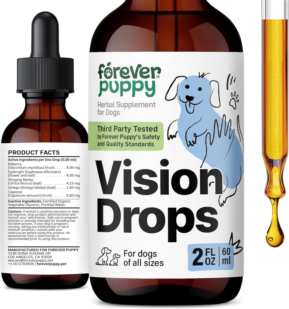Catelus pentru totdeauna Vision Suplimente pentru câini - ochi Tinctura w/Bilberry & Eyebright Herb - Toate Rasele & Dimensiuni - lichid Dog Suplimente alimentare pentru Vision Support & Eye Clarity - Zahăr și alcool-Free - 2 oz