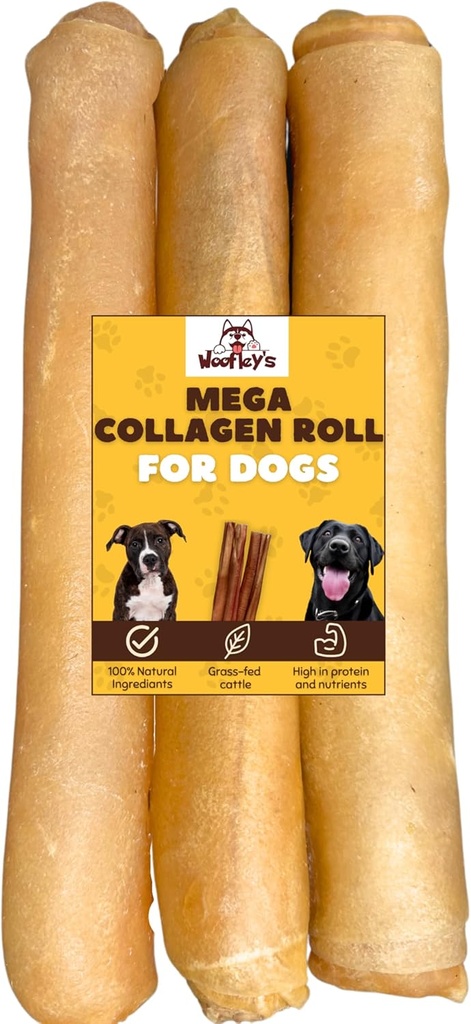 Woofley's Extra Thick Colagen Roll (10-12 Inch - 3 PCS) - Chews for dogs - Bully Stick Rawhide Alternative Dog Chews No Hide Oase pentru câini de talie medie și mare