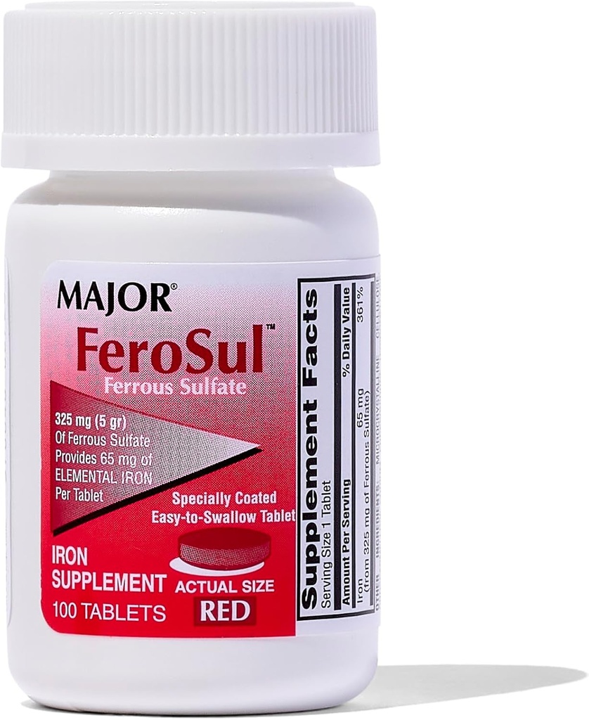 Major Ferosul - Varos sulfate 325 mg comprimate cu 65mg de fier elementar - Supliment de fier pentru femei, Barbati - rosu - 100 Conte
