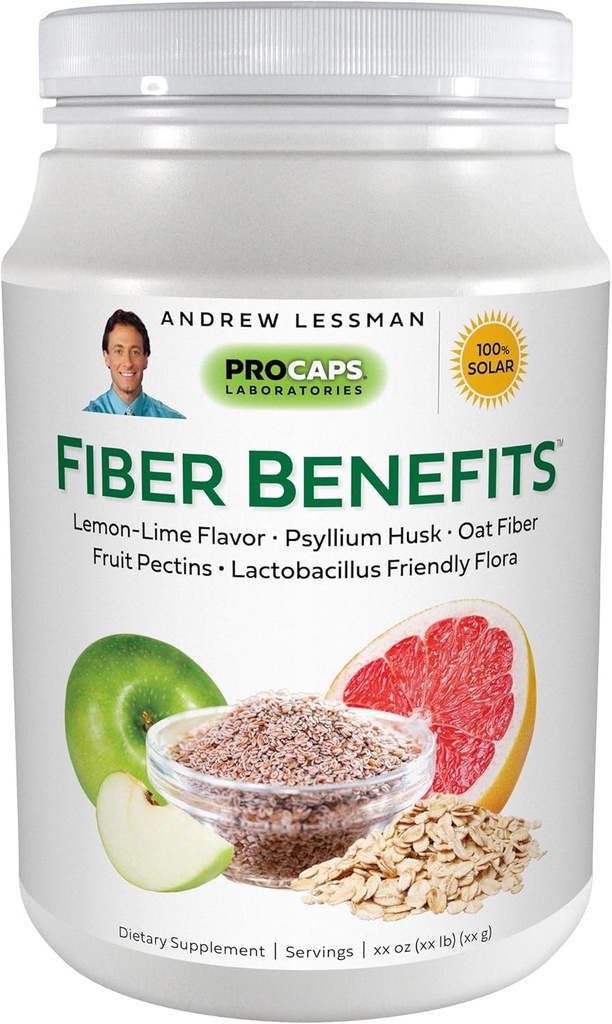 ANDREW LESSMAN Fiber Benefits Powder 120 Serviri - Lemon-Lime, Gentle, Natural Soluble/Insolubil Fiber, Promovează Regularitatea, Curățarea. Psyllium Husk, Oat, Apple, Grapefruit, Gumă de guar, Probiotice