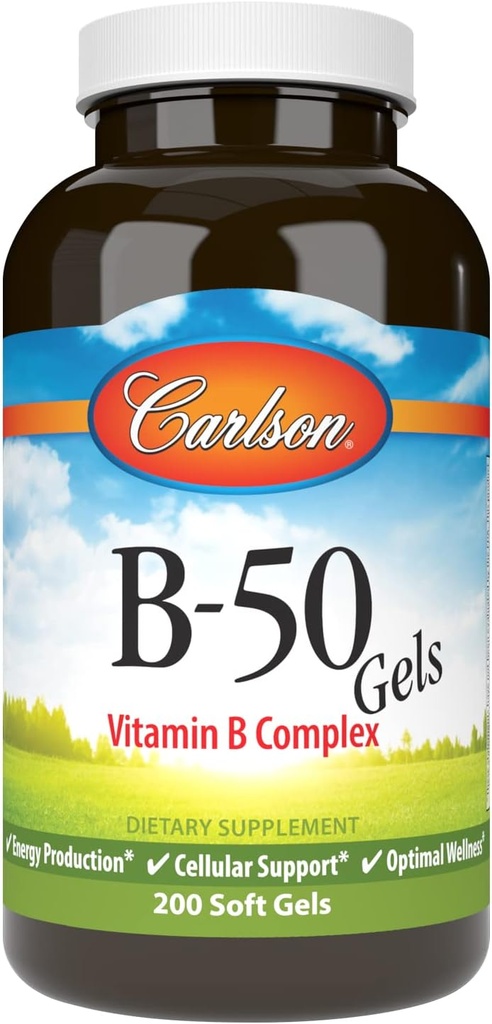 Carlson - B-50 Gels, Complex Vitamina B, Productia de energie, Suport Cellular & Optimal Wellness, 200 Softgels
