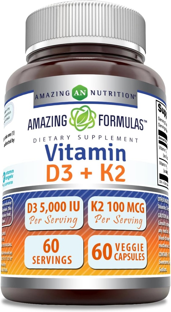 Amazing Formulas Vitamin D3 5000 IU with Vitamin K2 100 mcg | D3 + K2 Complex Supplement | Veggie Capsules | Non-GMO | Gluten Free | Made in USA (60 Count)
