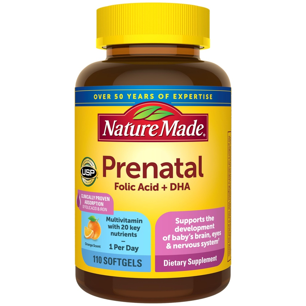 Natura facuta prenatal cu acid folic + DHA, vitamina prenatala si supliment mineral pentru suport nutritional zilnic, 110 Softgels, 110 zile de aprovizionare