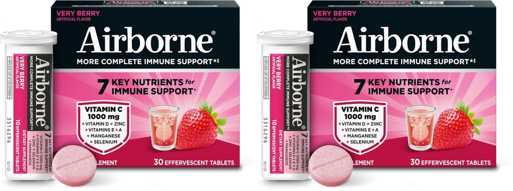 Aeroborne 1000mg vitamina C cu vitamina D & Zinc, Sugar Free Multivitamine Supplement Immune Supplement, Antioxidanti Vitamine A C & Vitamina E, 30 Efervescent Tablets, Foarte Berry Flavor (Pachet de 2)