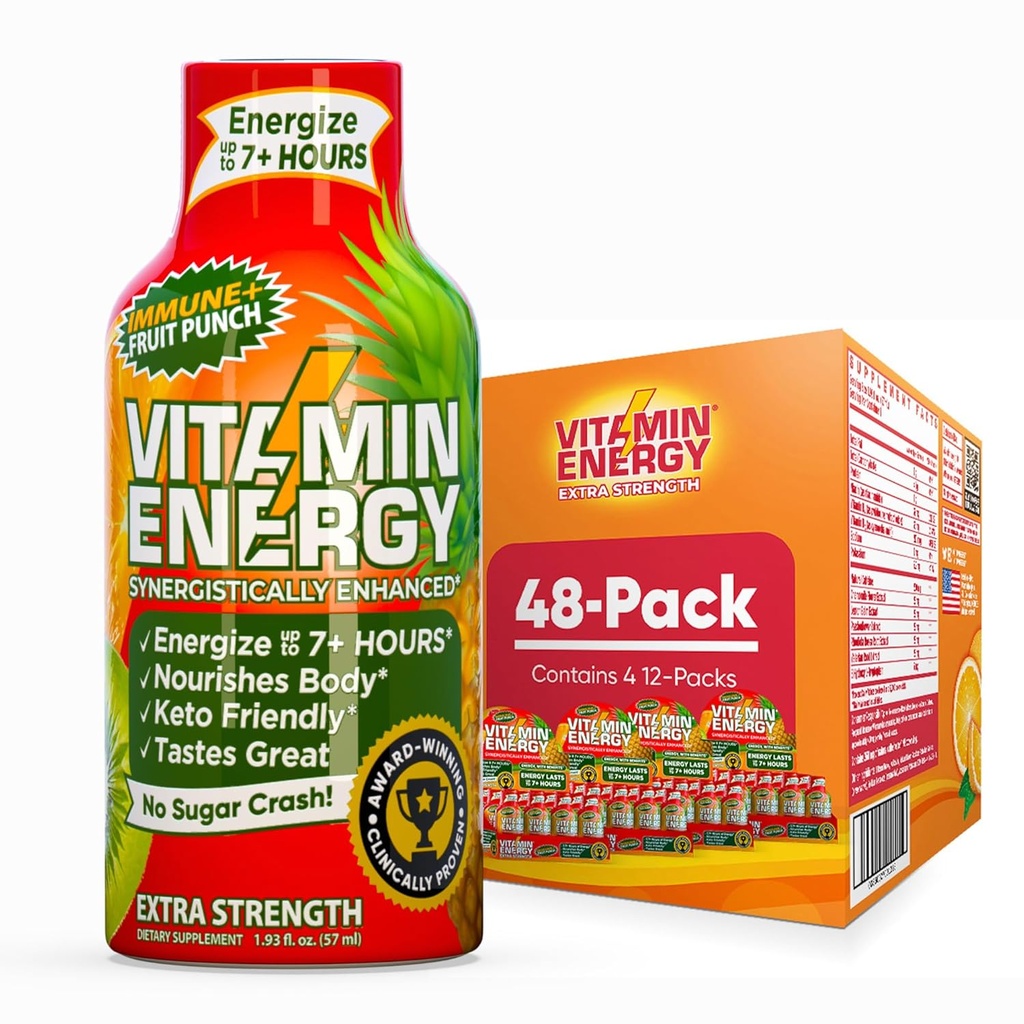 Vitamina Energie Immune+ Extra Putere Energie Shot Fruit Punch 48 Pack, 260mg Cafeina naturala, B-Vitamina, Ceai verde, Imunitate & Focus Suport, Zero Zahăr, Gluten-Free 1.93 fl oz