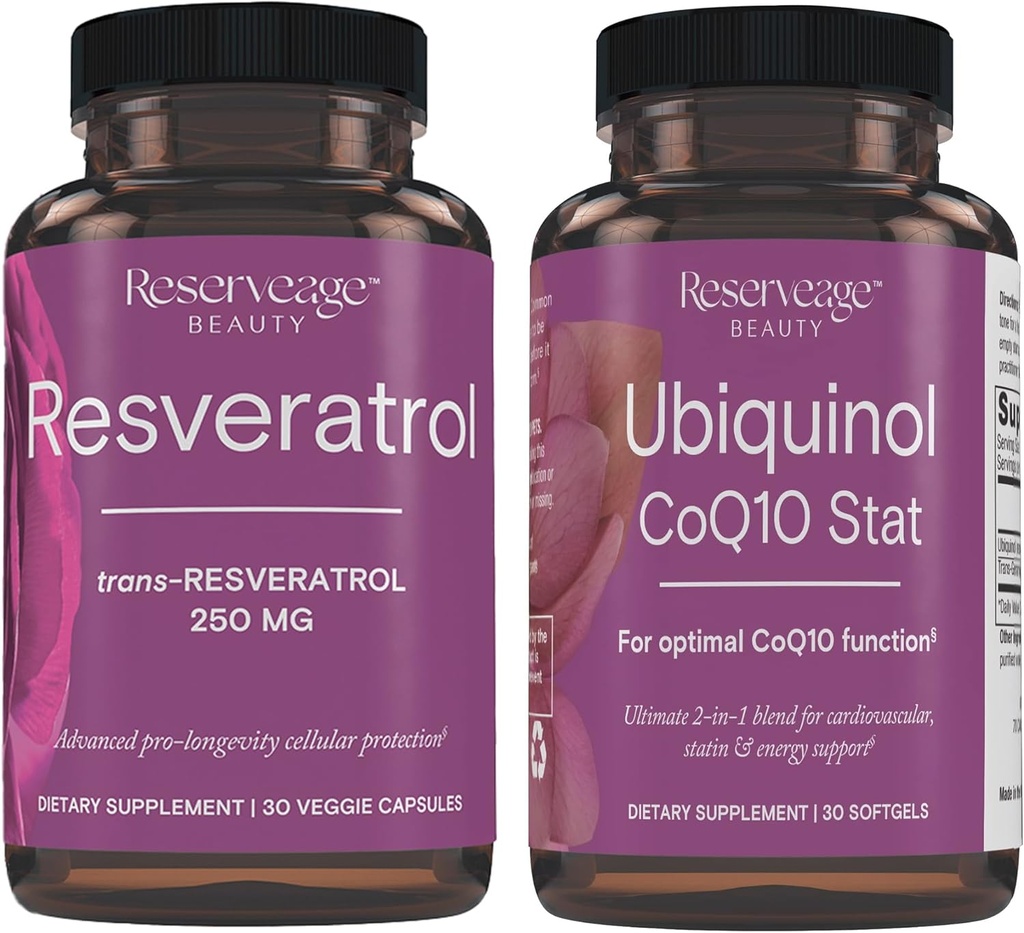 Reservage Beauty, Resveratrol 250 mg, Antioxidant Supliment pentru inima si sanatate celulara 30 Caps & Ubichinol CoQ10 Stat - Suport pentru sistemul cardiovascular, Niveluri energetice si sanatate celulara - 30