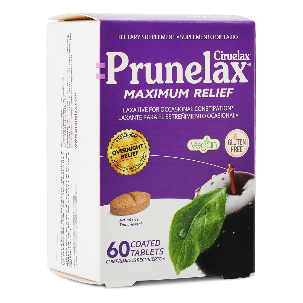 Prunelax Ciruelax Tablete Laxative de ajutor maxim cu Senna naturale pentru constipație ocazională, extract de Senna, Vegan & Gluten-Free, ajutor blând peste noapte - 60ct