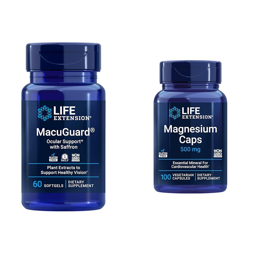 Extensie de viață MacuGuard Eye Health Supliment cu capsule de magneziu 500mg - Lutein, Zeaxantină, Meso-zeaxantină și Saffron pentru viziune sănătoasă - 60 Softgels și 100 Capsule vegetariene