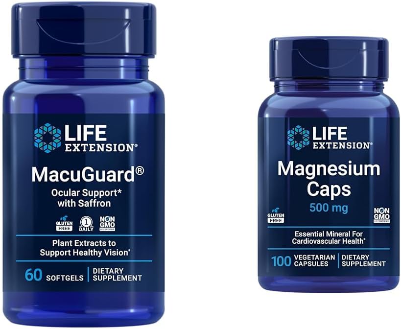 Life Extension MacuGuard Eye Health Supplement with Magnesium Capsules 500mg - Lutein, Zeaxanthin, Meso-zeaxanthin and Saffron for Healthy Vision - 60 Softgels and 100 Vegetarian Capsules