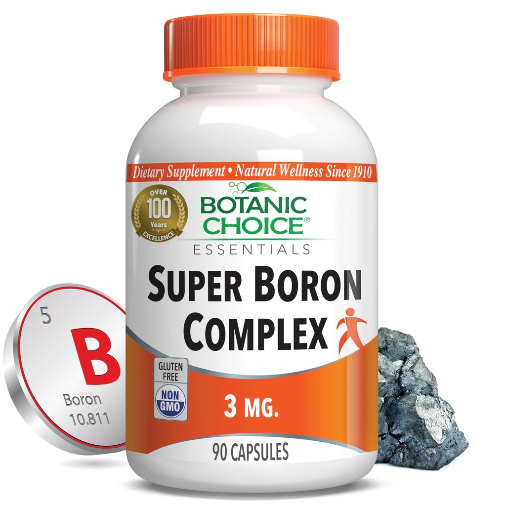 Complex botanic Super Boron Alegerea (3mg) - Promoveaza sanatatea osoasa si prostata prin metabolizarea Calciu & Magneziu - 3 forme de Boron pentru barbati si femei (90 capsule)