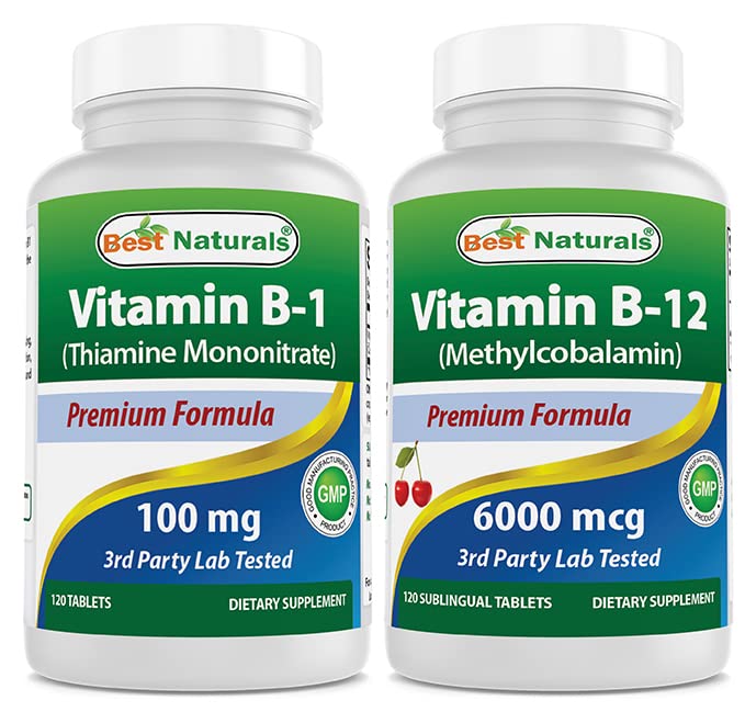 Cele mai bune naturale Vitamina B1 ca Tiamină Mononitrat 100 mg & Vitamina B12 6000 mcg