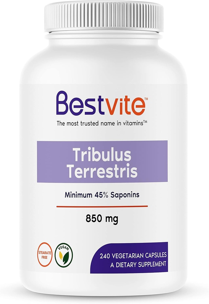 BESTVITE Tribulus Terrestris 850mg per capsulă (240 capsule vegetariene) - Extract standardizat - min 45% Saponine - Fără Stearet - Fără oxid de siliciu - Fără fillere - Vegan - NeMG - Gluten Free