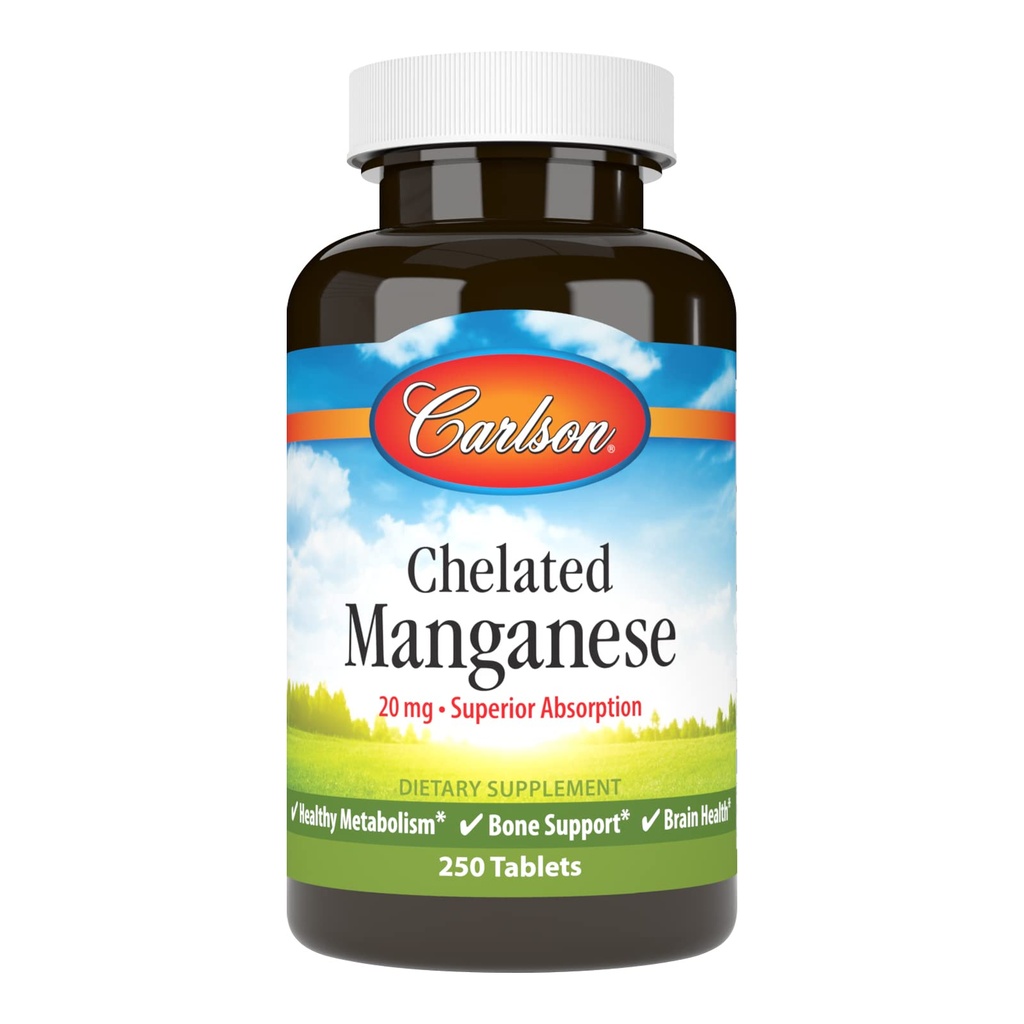 Carlson - Mangan Chelated, 20 mg - Absorbţie superioară, Metabolizare sănătoasă, Suport osos şi sănătate cerebrală, 250 comprimate