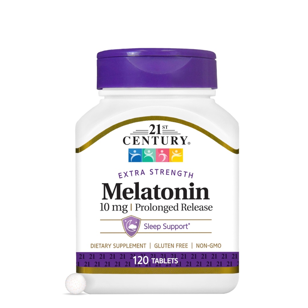 21st Century Melatonin 10mg Suplimentul de putere comprimate, (120 Count), prelungit de eliberare de somn de ajutor pentru adulți, promovează relaxare și somn odihnitor, non-Habit Forming, gluten-free, non-GMO