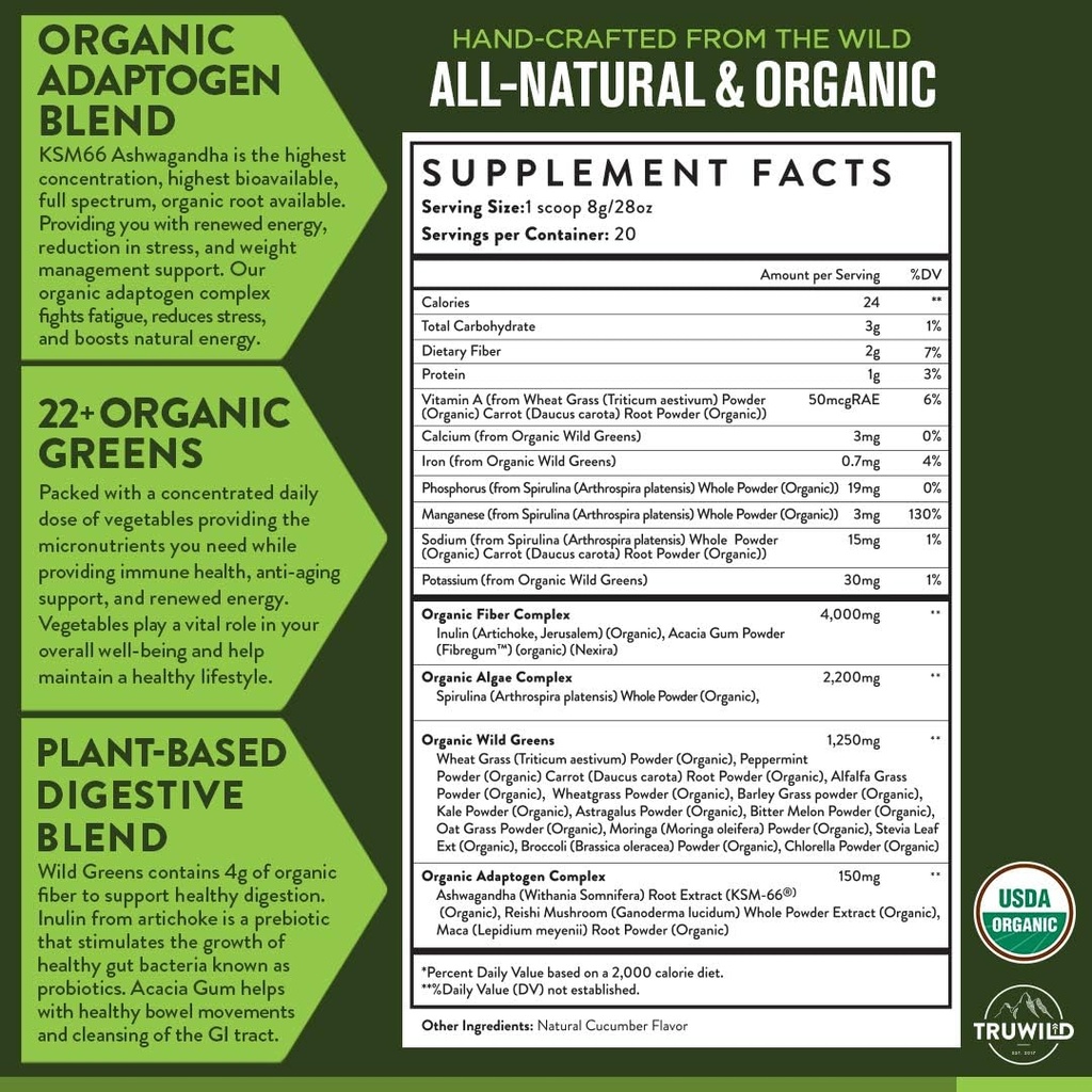 Truwild Greens Superfood Juice Powder, cu 22+ Greens & Anti-Oxidants, Natural Immune, Stres, Digestion Support Powder, 90 Servings, 3 Pack