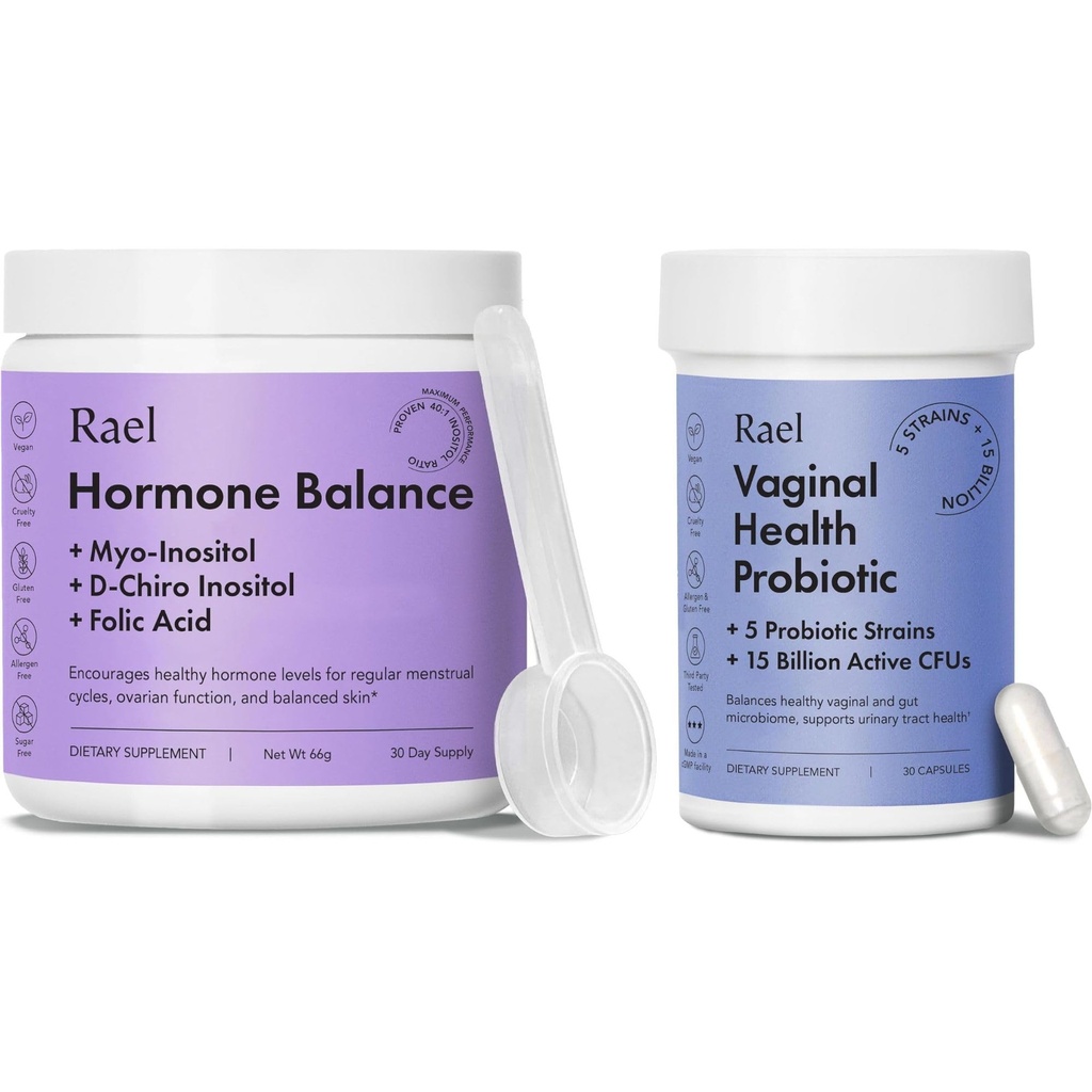 Suplimentul Rael pentru femei Bundle - Echilibrul hormonilor, Fertilitatea și Suportul ovarian (30 zile de aprovizionare) & Probiotice, Enzime digestive, Sănătatea Tractului urinar (30 zile de aprovizionare)