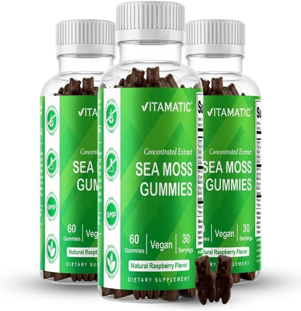 Vitamatic 3 Pack Irish Sea Moss Gummies- 3000 mg echivalent Per Serving (din extract 132.5 mg) - 60 Ct - Made with Bladderwrack & Burdock Root - Seamoss Supplement for tiroidy, Energy, Immune Support