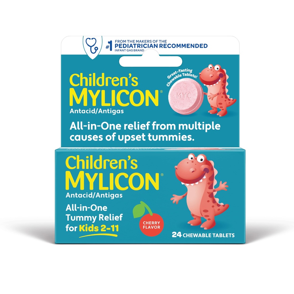 MYLICON pentru copii Tummy Relief pentru copii, 24 Cherry tablete aromate masticabile