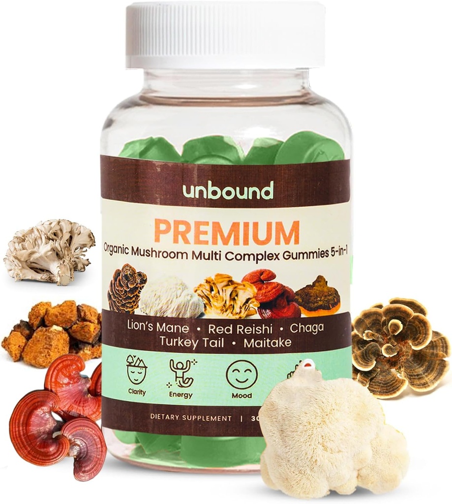 BG Premium Organic Mushroom Multicomplex Gummies for Support Memory 5 in 1, Blend with Chaga, Lion's Mane, Reishi, Turkey Tail, Maitake - 60 Gummies;
