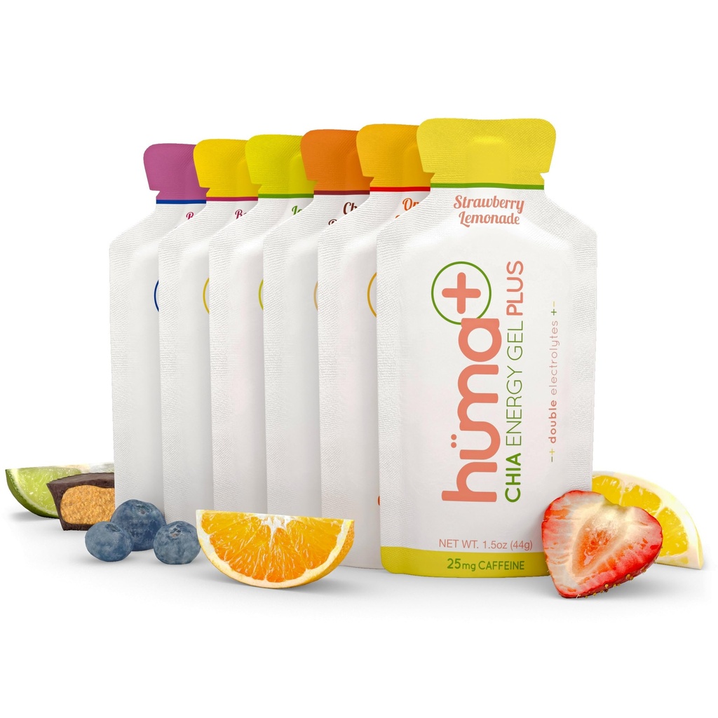 Huma Plus (Double Electrolytes) Chia Energy Gel, Variety Pack, 12 Gels - Stomac prietenos, Geluri reale de energie alimentară