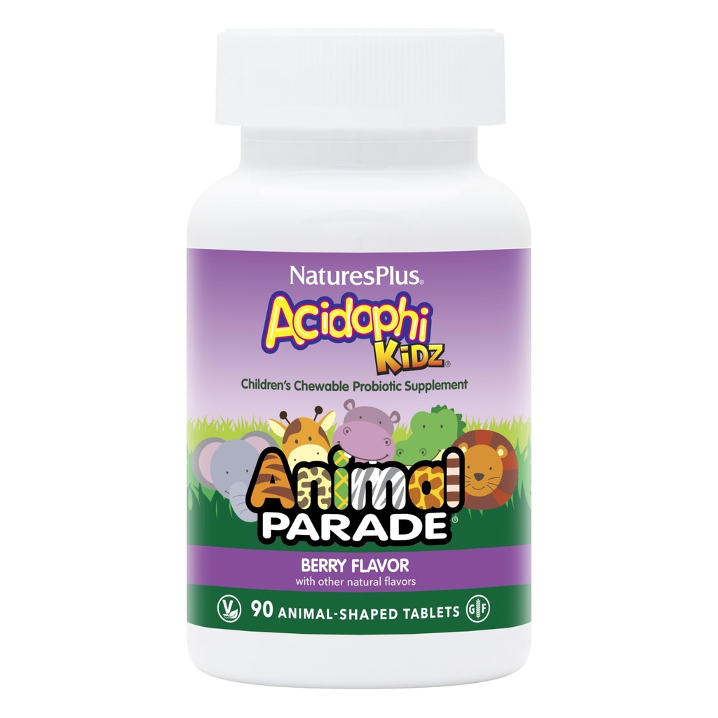 NaturasPlus Animal Parade AcidophiKidz, Berry Flavor - 90 comprimate masticabile, cu model de animale - ambalaj de 2 - cu probiotice, FOS & Seminte de struguri - 180 Serviri totale