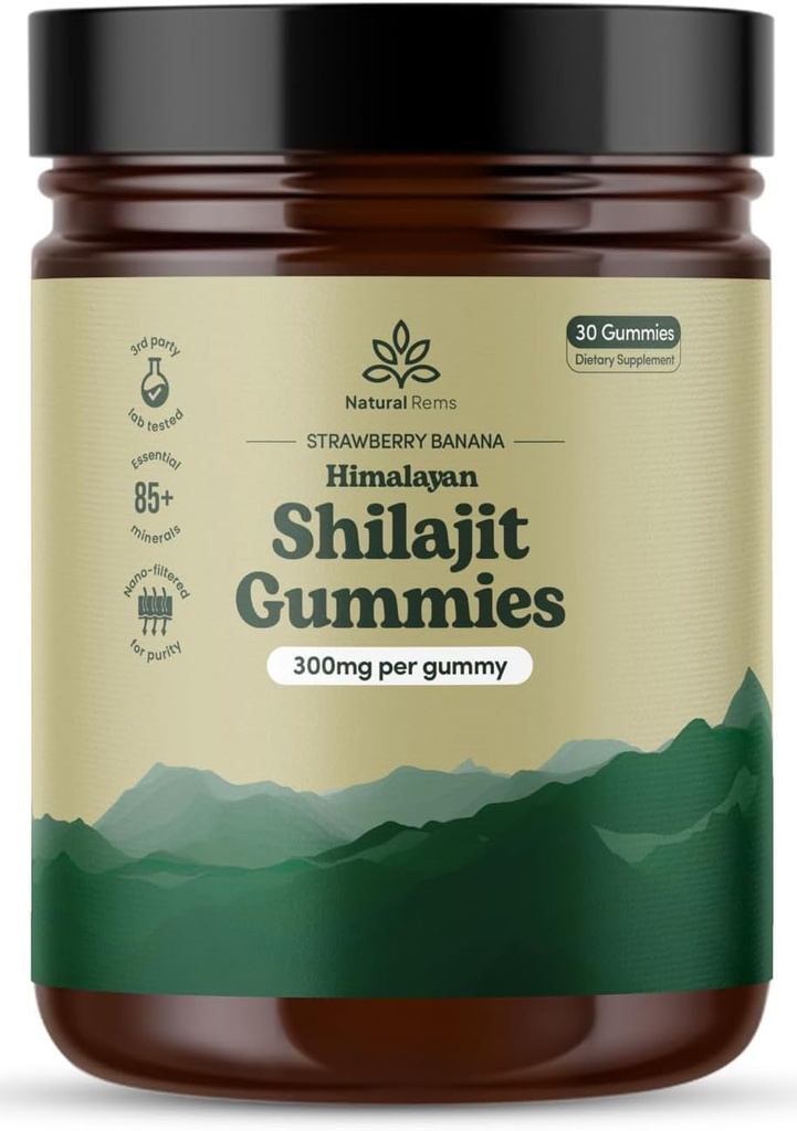 Rems Natural Organic Shilajit Gummies pentru bărbaţi şi femei - Lab testate - Made in USA - Pur Himalayan Organic - Acid pelvian - Energie şi Focus - Suplimente Holistice de sănătate (Strawberry Banana)
