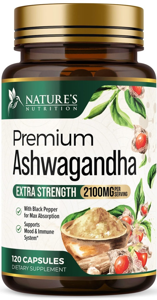 Suplimente Ashwagandha - 2100mg capsule Ashwagandha pentru femei si barbati, suport antioxidant natural, extract de root Ashwa, suport extrem de puternic cu Pepper negru, Vegan & Gluten gratuit - 120 capsule