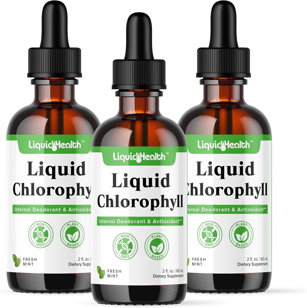 LIQUIDHEALTH Clorofile lichide picături - Deodorizant intern, antioxidanți, Detoxifiere hepatică, Suport Imun, Relieve Bad Respirație, Reduce Apetit, Colagen pentru par & Skin Health - Vegan, Non-GMO (3 Pack)