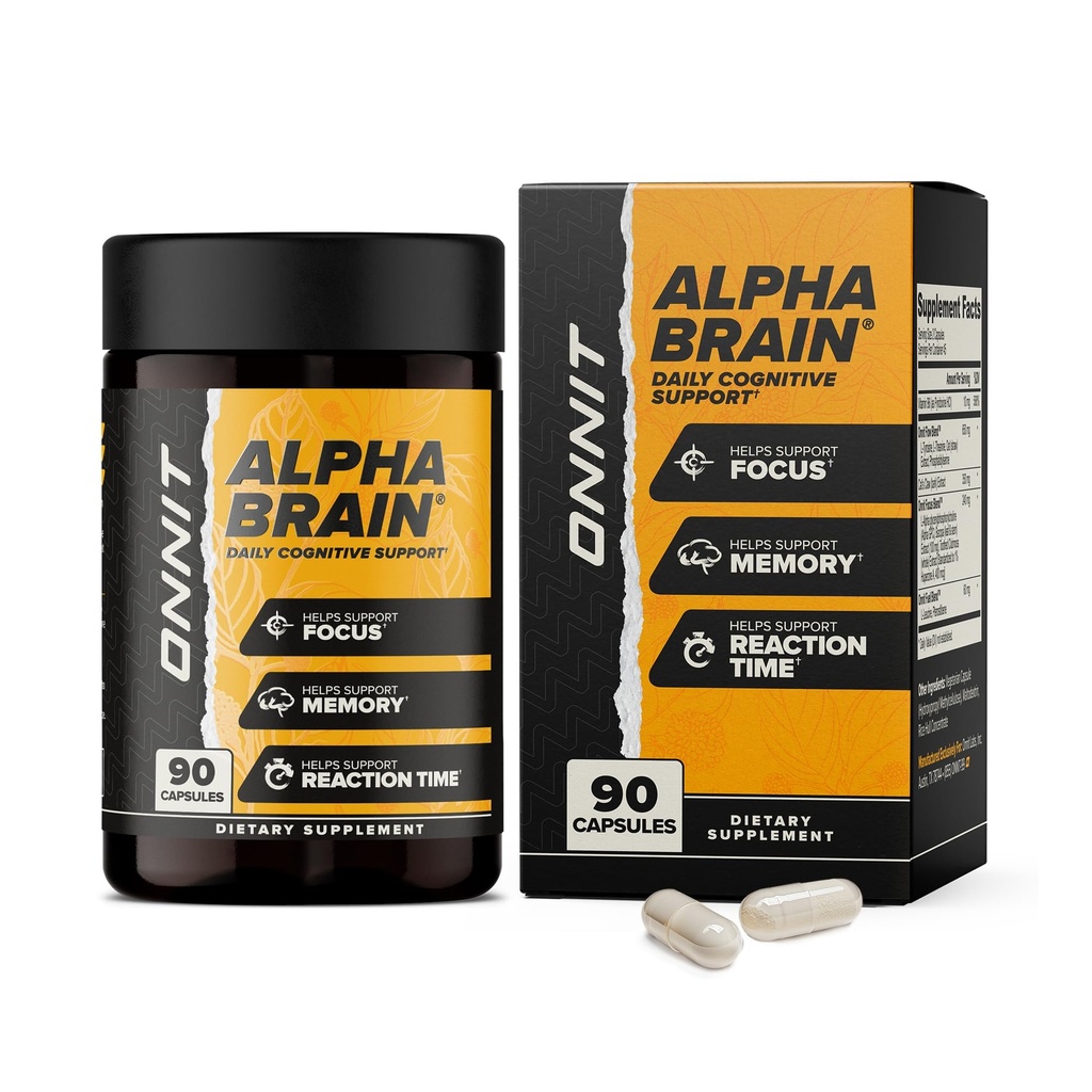 ONNIT Alpha Brain Nootropic Creier Supliment pentru Focus, Memorie, Claritate Mintala, Suport Cognitiv cu L-Theanină și vitamina B6, 90 Conte