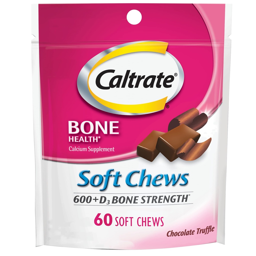 Caltrate Soft Chews 600 Plus D3 Vitamina de calciu D Supliment, Truffle de ciocolată - 60 Conte