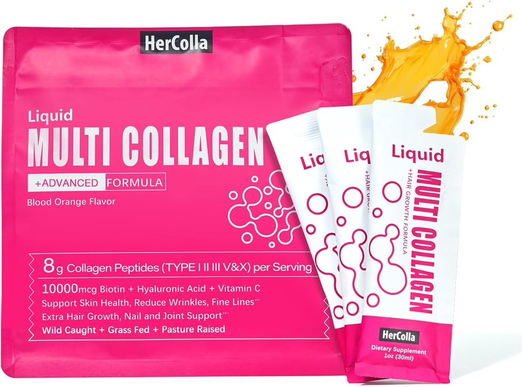 Colagen lichid pentru femei, 10000mcg Biotin, 8000mg Multi Tip Colagen Peptides, Acid hialuronic, Vitamina C, Piele, unghie, Suplimentul parului, Aroma portocalie, 10 Fl oz. (1 ambalaj, Orange)